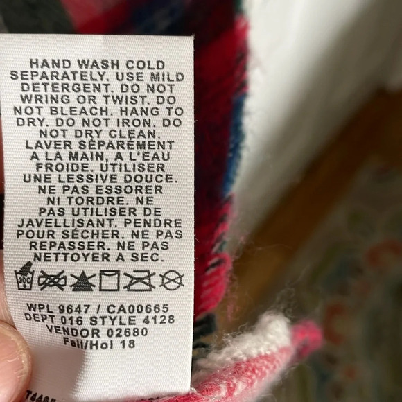 Eddie Bauer pink green blue cream plaid scarf. 86”long. 26.5” wide. Fringe. - Picture 2 of 7